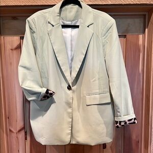 Women's light green Blazer with Leopard Print Cuffs
